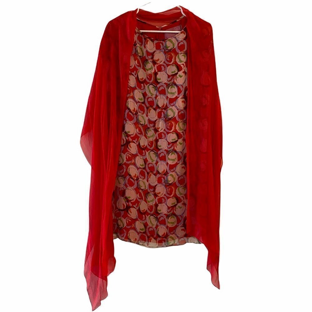 Mikael Aghal Womens Shift Dress Red Geometric Scoop Neck Detachable Cape 6 New